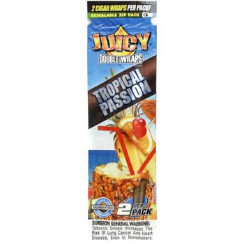 Front of a Tropical Passion Juicy Double Wraps pack, showing two slow-burning, flavored blunt wraps in a resealable foil pouch.