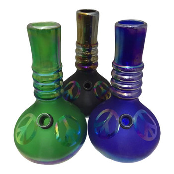 8" tall water pipes in assorted colors featuring a frosted glass base with smooth, rainbow-finished peace signs all around.