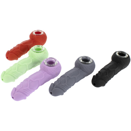 Assorted colors of Silicone Penis Hand Pipes laid out on a white background.