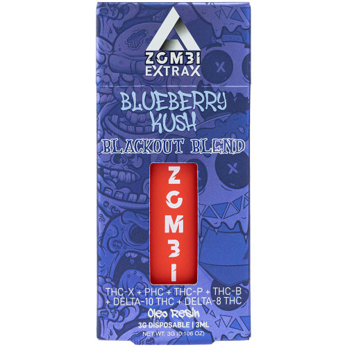 One boxed Zombi Extrax Blueberry Kush disposable pen.