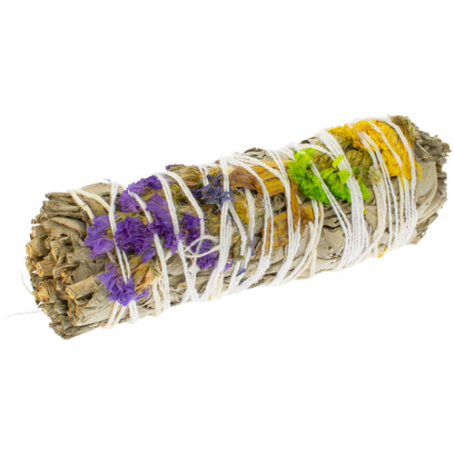 Good Vibes Floral White Sage Smudge Stick turned at a quarter angle.