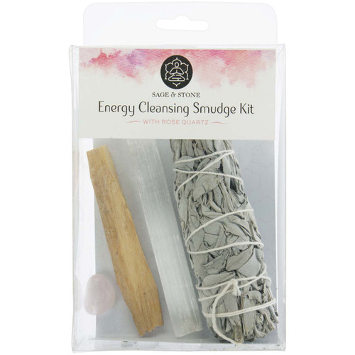 Energy Cleansing Smudge Kit with Rose Quartz packaged on white.