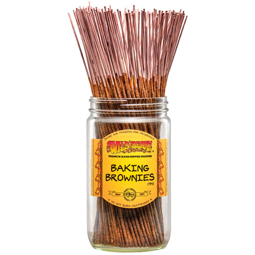 100 Baking Brownies-scented Wild Berry Traditional Incense Sticks in a labeled jar on a white background with their signature tan-colored sticks sticking out at the top.