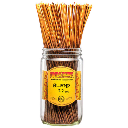 100 Blend 22-scented Wild Berry Traditional Incense Sticks in a labeled jar on a white background with their uncolored, natural sticks sticking out at the top.