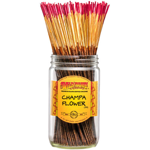 100 Champa Flower-scented Wild Berry Traditional Incense Sticks in a labeled jar on a white background with their signature yellow and red sticks sticking out at the top.