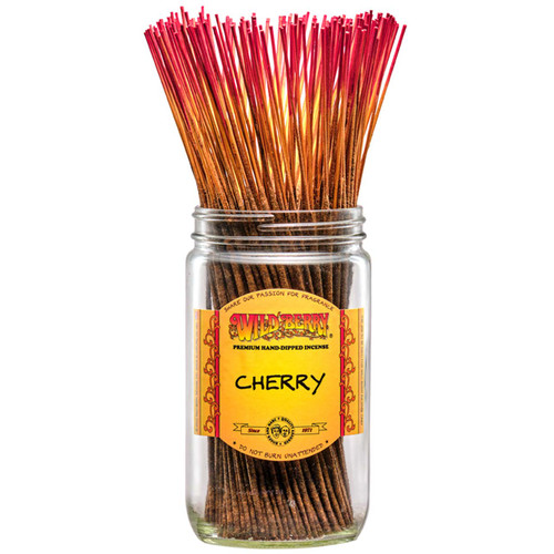 100 Cherry-scented Wild Berry Traditional Incense Sticks in a labeled jar on a white background with their signature red-tipped sticks sticking out at the top.