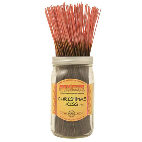 100 Christmas Kiss-scented Wild Berry Traditional Incense Sticks in a labeled jar on a white background with their signature pink sticks emerging at the top.