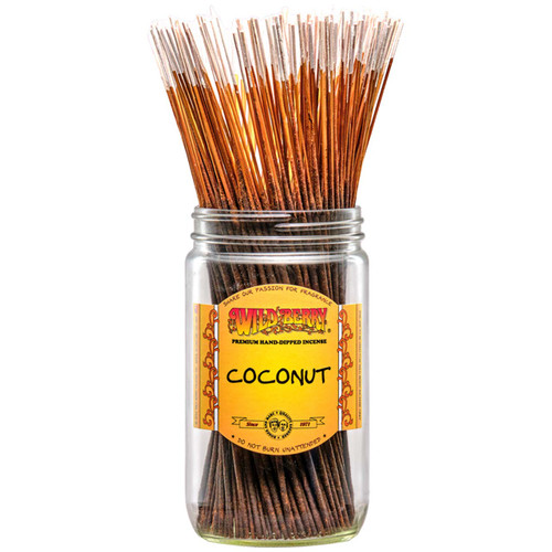 100 Coconut-scented Wild Berry Traditional Incense Sticks in a labeled jar with their signature white-tipped sticks emerging at the top.