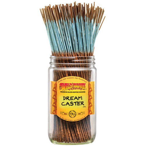 100 Dream Caster-scented Wild Berry Traditional Incense Sticks in a labeled jar with their signature light blue-colored sticks with tan tips emerging at the top.