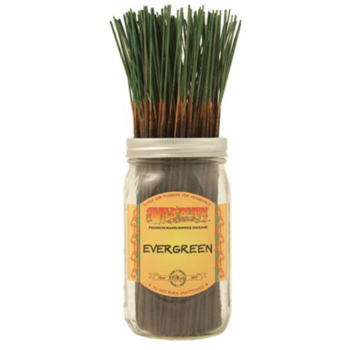 100 Evergreen-scented Wild Berry Traditional Incense Sticks in a labeled jar with their signature dark green sticks emerging at the top.