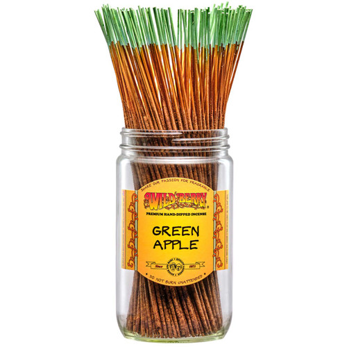 100 Green Apple-scented Wild Berry Traditional Incense Sticks in a labeled jar with their signature light green-tipped sticks emerging at the top.