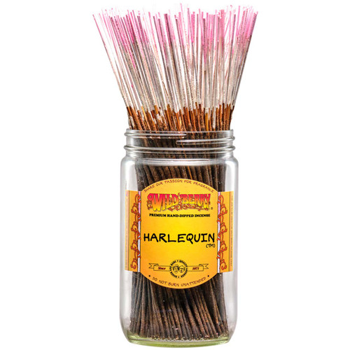 100 Harlequin-scented Wild Berry Traditional Incense Sticks in a labeled jar with their signature white and pink glittery sticks emerging at the top.