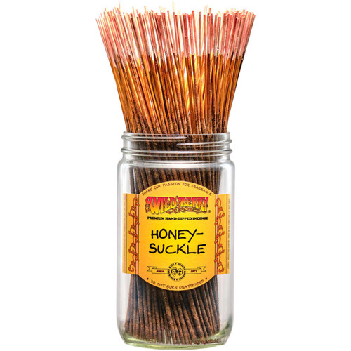 100 Honeysuckle-scented Wild Berry Traditional Incense Sticks in a labeled jar with their signature peach-tipped sticks emerging at the top.