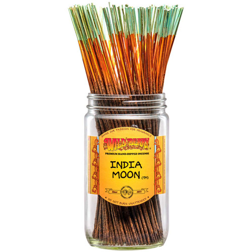 100 India Moon-scented Wild Berry Traditional Incense Sticks in a labeled jar with their signature orange and blue colored sticks emerging at the top.