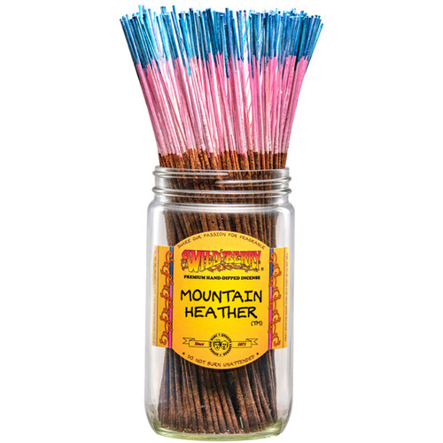 100 Mountain Heather-scented Wild Berry Traditional Incense Sticks in a labeled jar with their signature pink and blue sticks emerging at the top.