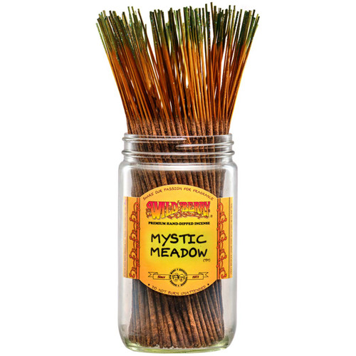100 Mystic Meadow-scented Wild Berry Traditional Incense Sticks in a labeled jar with their signature green-tipped sticks emerging at the top.