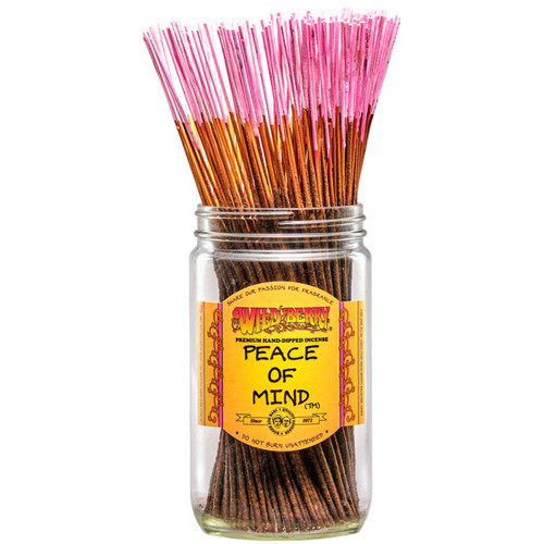 100 Peace of Mind-scented Wild Berry Traditional Incense Sticks in a labeled jar with their signature pink sticks emerging at the top.