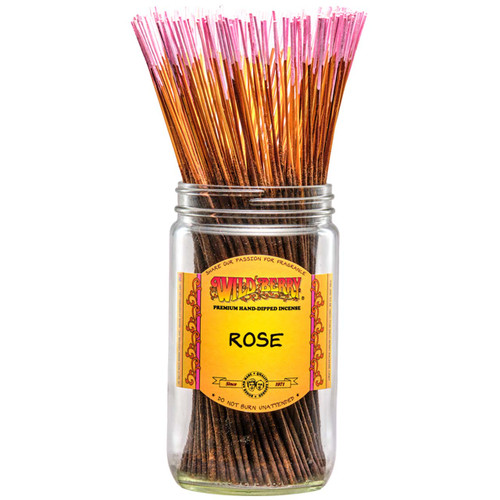 100 Rose-scented Wild Berry Traditional Incense Sticks in a labeled jar with their signature pink-tipped sticks emerging at the top.