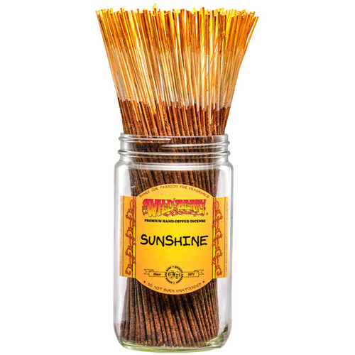 100 Sunshine-scented Wild Berry Traditional Incense Sticks in a labeled jar with their signature yellow-colored sticks with orange tips emerging at the top.