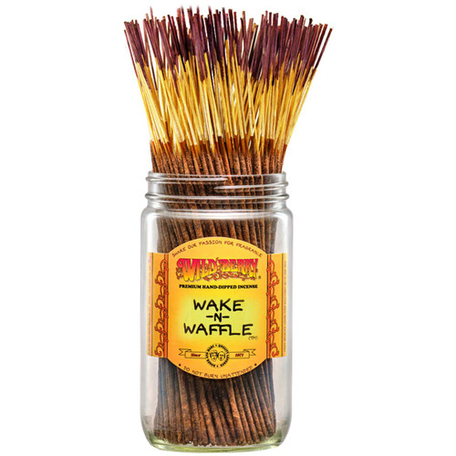 100 Wake -n- Waffle-scented Wild Berry Traditional Incense Sticks in a labeled jar with their signature yellow-colored sticks with deep purple tips emerging at the top.