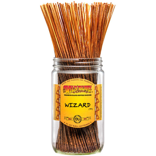 100 Wizard-scented Wild Berry Traditional Incense Sticks in a labeled jar with their signature clear-coated tips with glitter emerging at the top.