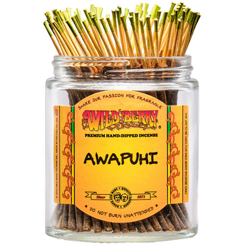 100 Awapuhi-scented Wild Berry Shorties Incense Sticks in a labeled jar with their signature yellow-colored sticks with green tips sticking out at the top.