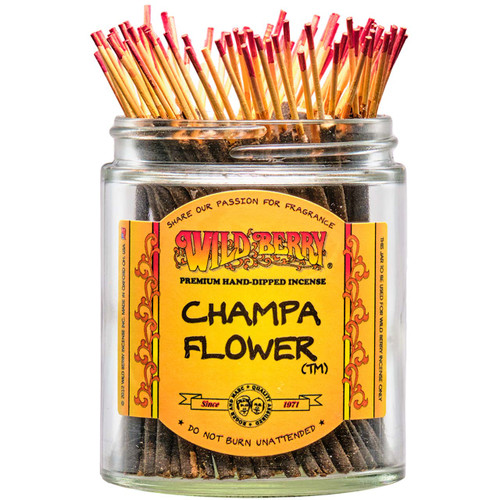 100 Champa Flower-scented Wild Berry Shorties Incense Sticks in a labeled jar with their signature yellow-colored sticks with red tips sticking out at the top.