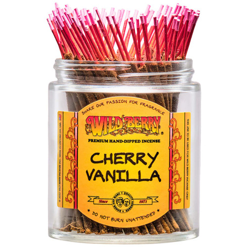 100 Cherry Vanilla-scented Wild Berry Shorties Incense Sticks in a labeled jar with their signature red-colored sticks with pink tips sticking out at the top.