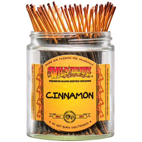 100 Cinnamon-scented Wild Berry Shorties Incense Sticks in a labeled jar with their signature brown-colored sticks emerging at the top.