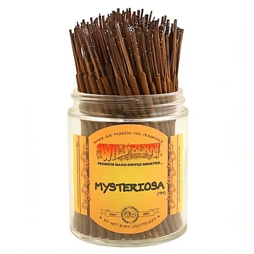 100 Mysteriosa-scented Wild Berry Shorties Incense Sticks in a labeled jar with their signature natural-colored glittery sticks emerging at the top.