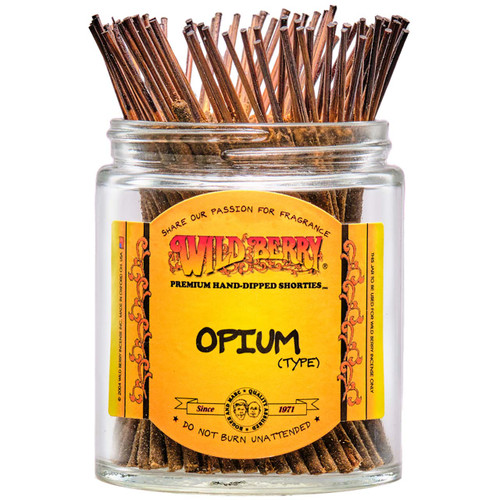 100 Opium-scented Wild Berry Shorties Incense Sticks in a labeled jar with their signature black-colored sticks emerging at the top.