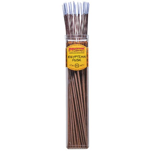 50 Egyptian Musk-scented Wild Berry Biggies Incense Sticks in a labeled jar with their signature black-colored sticks with purple tips emerging at the top.