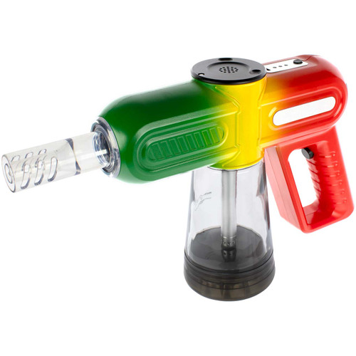 Smoke Blower Party Gun in rasta at a quarter angle, isolated on white.