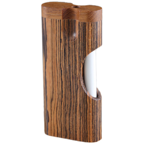 Quarter view of this Bocote Wood Dugout with its included metal cigarette bat exposed.