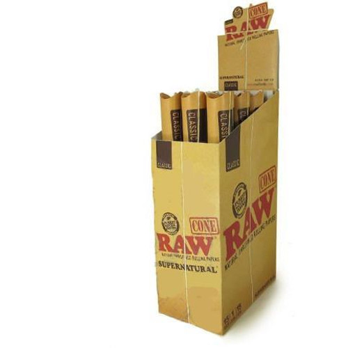 An open display box containing 15 packets of Raw Classic Supernatural 12" Pre-Rolled Cones.