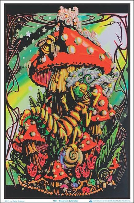 Mushroom Caterpillar Black Lighter Poster fantasy poster mushroom poster blacklight poster wall hanging.
