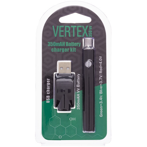 Packaged Vertex Variable Voltage Vape Pen Battery and Charger bundle.
