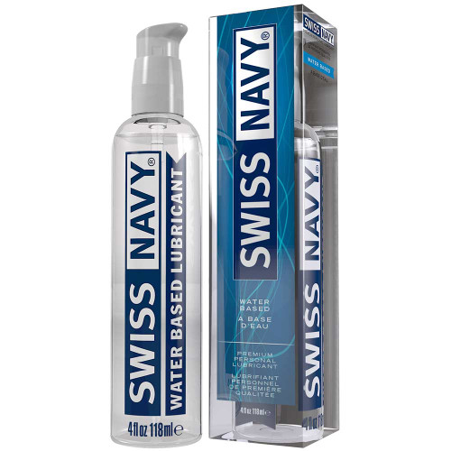 A 4 ounce bottle of Swiss Navy Lubricant next to its packaging.