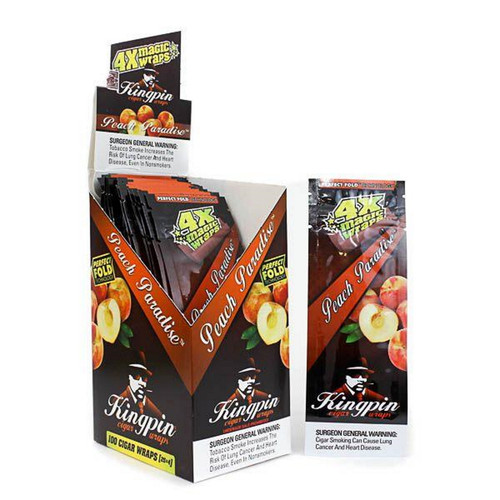 Peach Paradise Kingpin Blunt Wraps, an open display box with a single packet beside it.