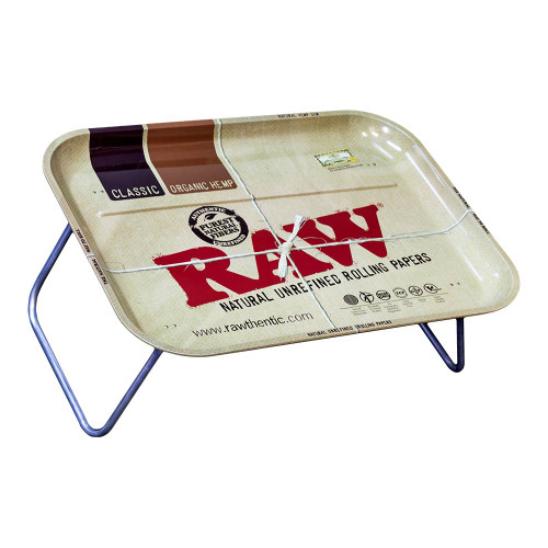 RAW XXL Metal Rolling Tray with Legs has an Organic Hemp paper print on its surface.