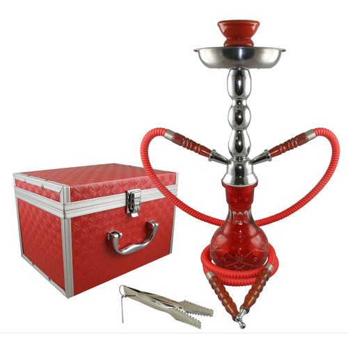 The Junior 17 inch hookah with two hoses in red.