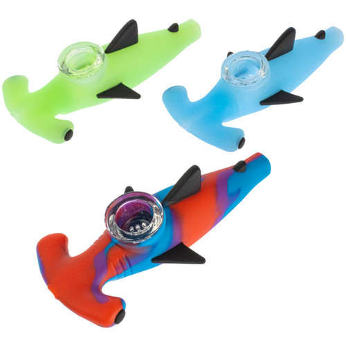 A group of assorted colored Hammerhead Shark Pipes.