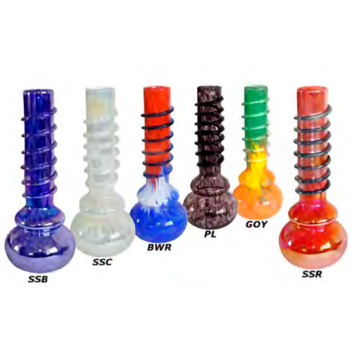 An assortment of colored Attaglass 12" Double Bubble Bongs with Wrap.