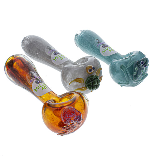 American made Jelly fish glass hand pipe with assorted critter animals like a jellyfish, turtle and frog on the front of the bowl that are UV reactive 
