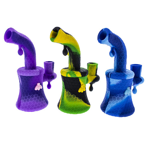 Food grade safe silicone banger hanger oil rig with honeycomb and bee design.