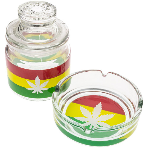 Glass Ashtray & Stash Jar Set with Rasta-colored leaf decals.