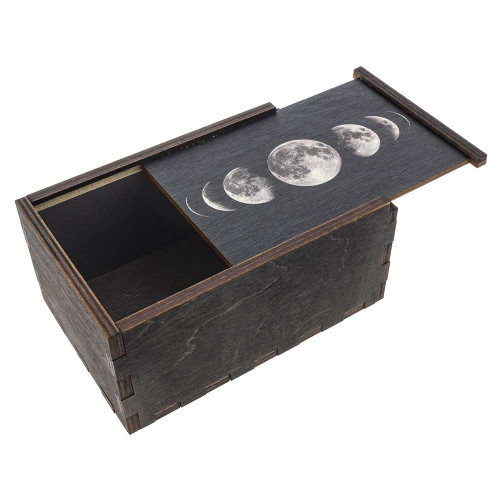 Moon Phases wooden stash box with top tray slightly ajar.