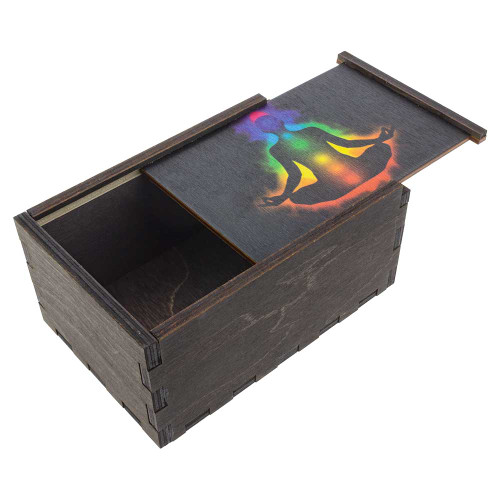 Chakra Aura wooden stash box with top tray ajar.