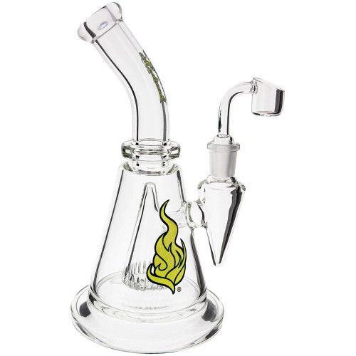 Medicali 10" Dexter Dab Rig with blue script logo and included banger viewed from the side.