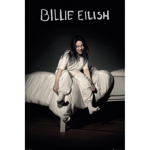 24" x 36" poster featuring art from Billie Eilish's 2019 album "When We Fall Asleep, Where Do We Go?" Billie Eilish sitting on the edge of a bed grinning with white eyes.